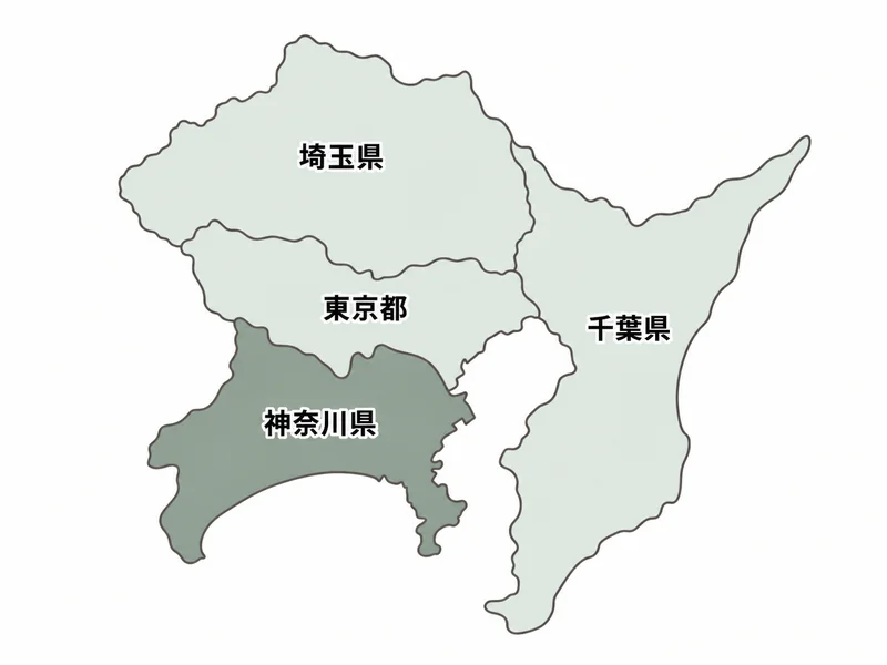 対応エリア地図：庭のお手入れは神奈川県、庭づくり・庭リフォームは東京都・埼玉県・千葉県・神奈川県の一都三県に対応