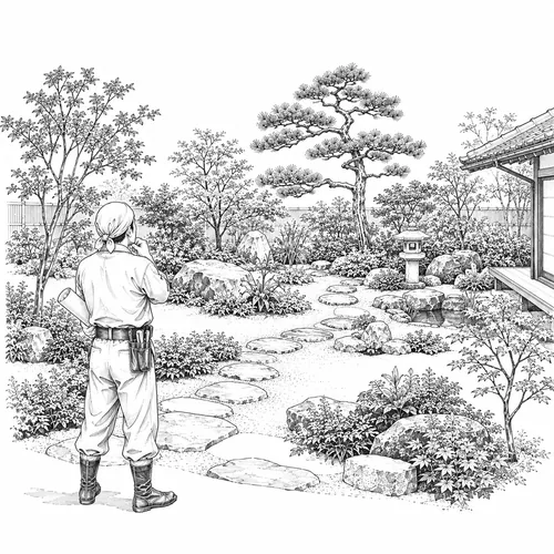 庭全体を見渡す庭師のイラスト